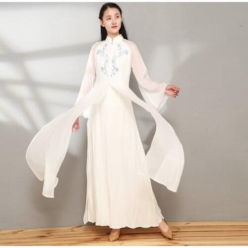 White Modern Chinese Dress Long Sleeve Mandarin Collar Vestidos Festa Female Oriental Dress Max Elegant Chinese Dresses 11235