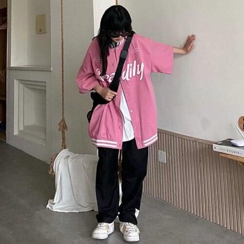 Harajuku short-sleeved baseball jacket womens coat 2021 new loose Korean fashion letter print solid hip-hop thin jacket trend