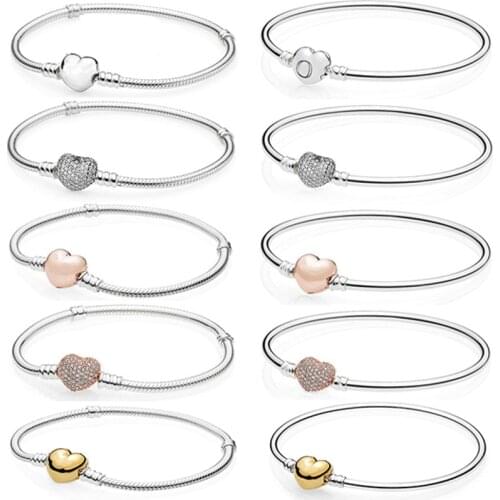 NEW 100% 925 Sterling Silver Rose Gold Heart Bracelet Clear CZ Charm Bead Fit Bracelet DIY Jewelry Gift The Factory Wholesale