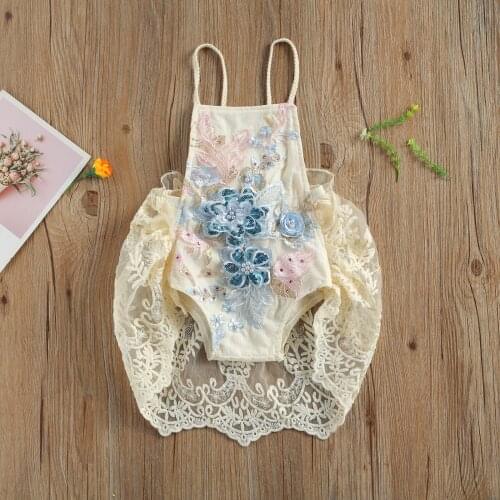 0-24M Baby Girls Boys Romper Dress One Piece Flowers Lace Pearl Print Sleeveless Ruffles Jumpsuits