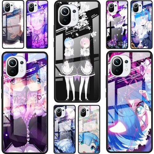 Anime RE ZERO Ram Rem for Xiaomi Mi 11 Ultra Lite 10T Note 10 9T Pro CC9 CC9E 5G Luxury Tempered Glass Phone Case Cover