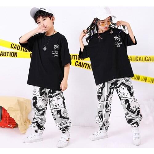 Kids Hip Hop Clothing Black Oversized T Shirt Top Print Running Casual Pants for Girls Boys Dance Costume Wear Ballroom Clothes