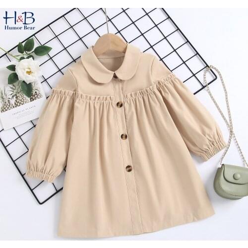 Humor Bear Children Shirt 2021 Spring Autumn Puff- Sleeve Jacket Doll Collar Loose Korea StyleKids Mid-Length Coat