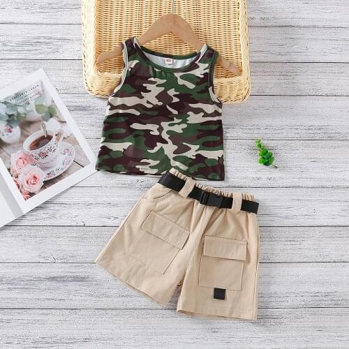Kids Baby Army Green Camouflage Printed Pattern Sleeveless Tops Khaki Solid Color Shorts and Waistband Ideal Gifts for Boys