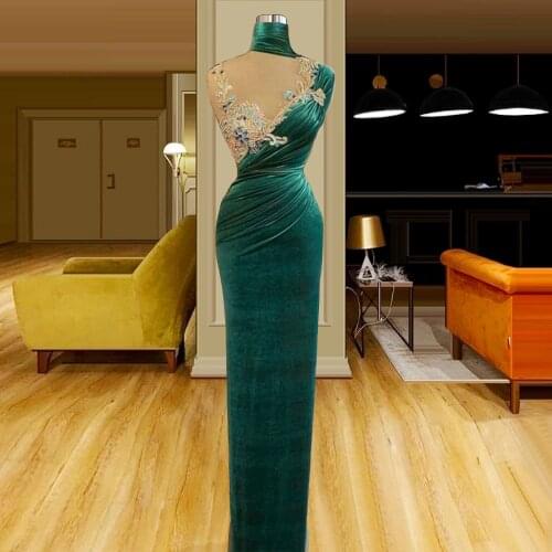 High Neck Velvet Semi-Formal Dress abiye elbise vestido Green Formal Wedding Guest Dress Long Dresses