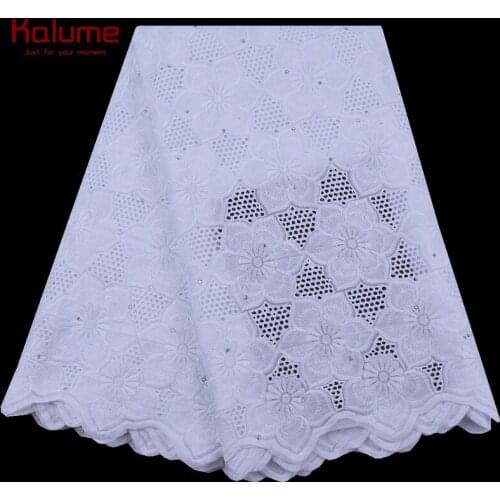 Kalume Pure White African 100% Cotton Lace Fabric Embroidery Nigerian Cotton Lace Fabric With Stones For Sewing Party Dress 2125