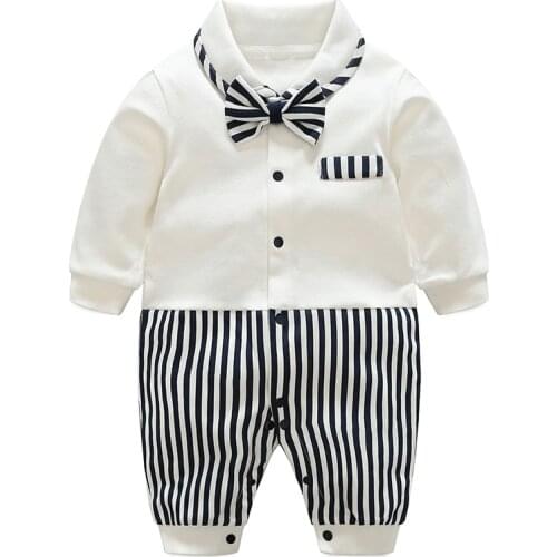 Newborn Baby Romper Long Sleeve Jumpsuit Infant Gentleman Stripe Long Sleeve Rompers Kids Boys Bodysuit With Bowknot Jumpsuit