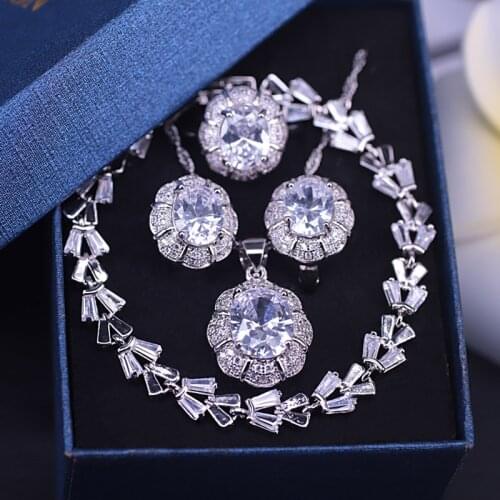 Bridal jewelry white crystal zircon silver color jewelry earrings ring necklace set nice design suit for evening dress