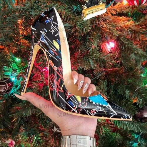 Moraima Snc Colorful Printed Leather High Heel Shoes Woman Pointed Toe Stiletto Heels Sexy Lady Dress Shoe 12/10cm Pumps