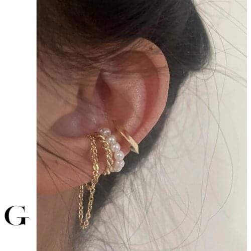 GHIDBK 3Pcs/set Minimalist Little C Fake Pearls Cartilage Earrings Clips Sets Long Tassel Chain Street Style Ear Cuffs Wholesale