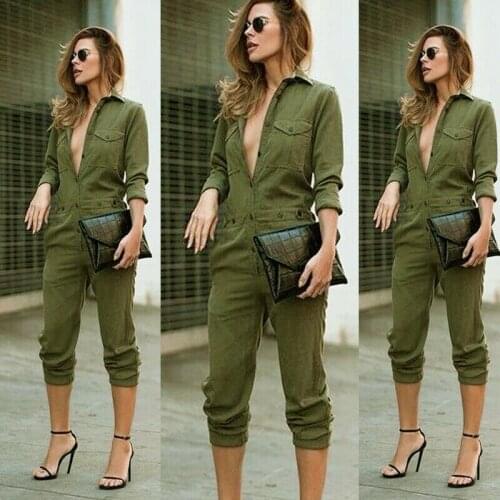 Brand New Sexy Women Slim Bodycon Jumpsuit Long Sleeve Army Green Solid Casual Bodysuit Ladies Vintage Romper Long Jumpsuit