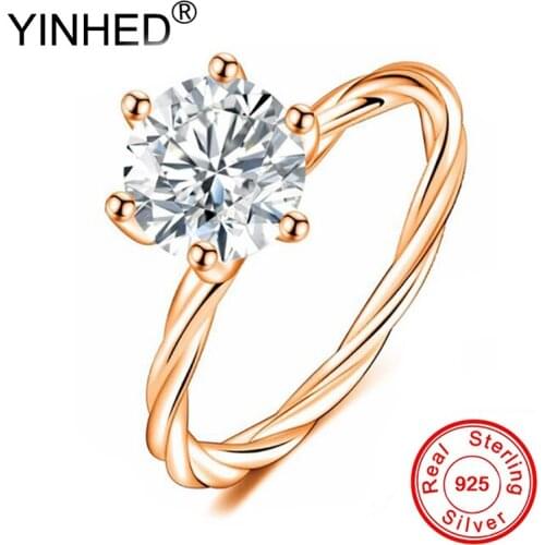YINHED Classic Solitaire 1 Carat Cubic Zirconia Ring Rose Gold Color 925 Silver Fine Jewelry Wedding Rings for Women ZR702