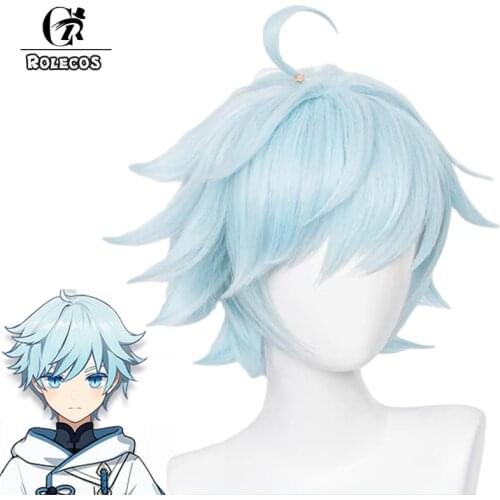 ROLECOS Genshin Impact Cosplay Wig Chongyun Short Light Blue Gradient Straight Hair Heat Resistant Hair Halloween Free Wig Cap