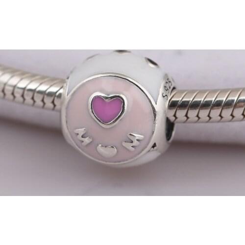 S925 Silver Charms Bead fit Lady Bracelets & Bangles Love Mom Charm Mixed Enamel Pink Heart DIY Jewelry