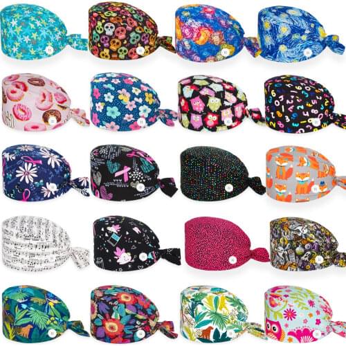 Unisex Scrubs Cap Buttons 100% Cotton Candy Printing Scrub Caps Nurse Uniform Accessories Pet Shop Chef Lab Work Surgicals Hat
