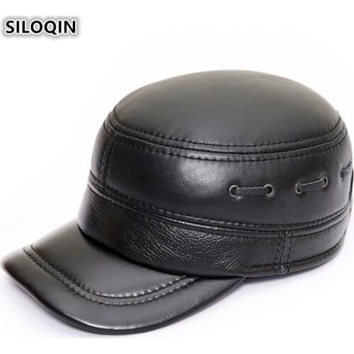 SILOQIN Winter Warm Mens Flat Caps With Ears Sheepskin Army Military Hats Genuine Leather Hat Adjustable Size Men Snapback Cap