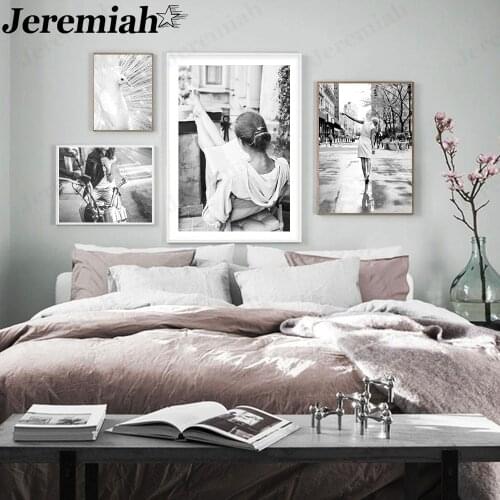 Nordic Fashion Beauty Canvas Painting Elegant Lady Urban Black and White Poster Wall Art Retro Home Room Decoration Accessories