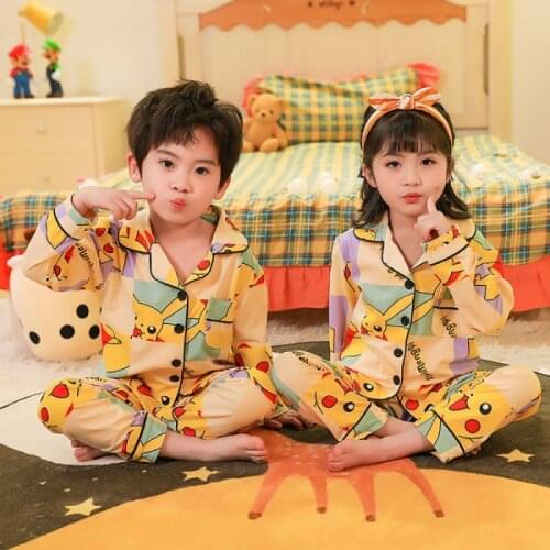 Pokemon Spring Pajamas for Teen Girls Cotton Boys Homewear Suit Long Sleeve Baby Kids Pajama Set Autumn Cardigan Sleepwear Set