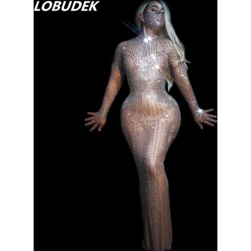 Female Birthday Prom Evening Party Rhinestones Floor Length Dress Sexy Transparent Mesh Gold Silver Crystal Stones Long Dresses