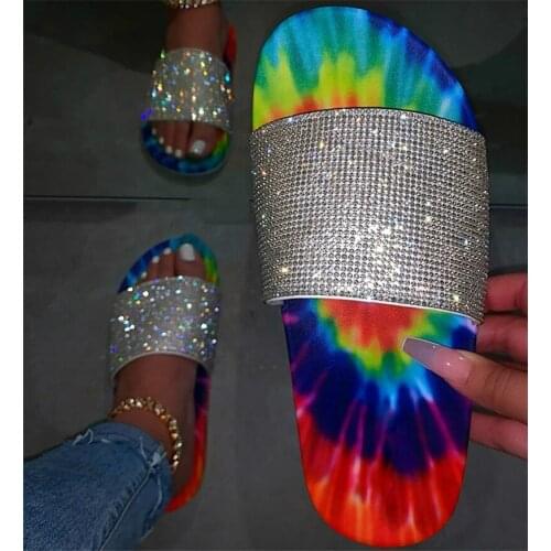 New Women Slippers Rhinestone Multi Mix Color Flat Heels Peep Toe Slides Fashion Beach Ladies Shoe Zapato Mujer Plus Size 35-44