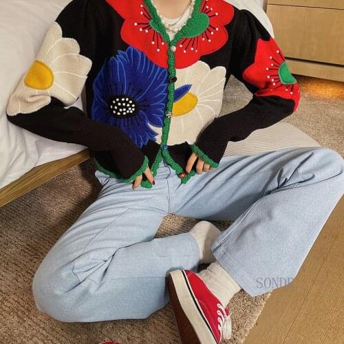 Contrast Color Floral Black Cardigan Crop Top 2021 Spring New Women Short Sweater Coat Vintage Puff Sleeve V Neck Knit Jacket