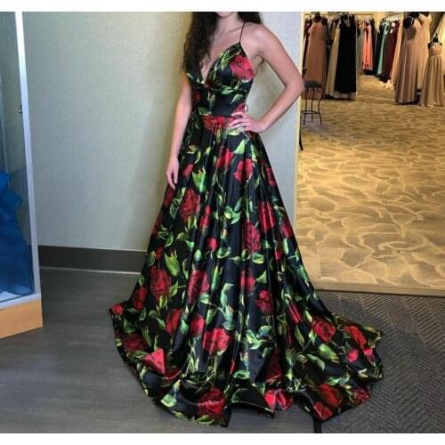 Sexy Long Satin Floral Prom Dresses with Pockets Floor Length V-neck Criss Cross Back Formal Party Dresses for Women