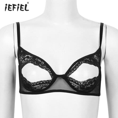 Women Sexy Lingerie Sheer Lace Floral Bralettes Shoulder Straps Nipple Split Wire-free Unlined Exotic Open Cup Bra Top Underwear