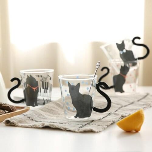 1 Pair Creative Cat Glass Cups with Cat Tail Handle Coffee Glass Lovers Cups Milk Mug Lover Valentines Day Romantic Present