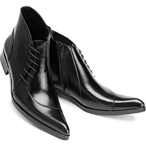 Christia Bella Pointed Toe Motorcycle Man Ankle Boots Business Formal Men Genuine Leather Lace Up Short Boots Mens Zipper Boots