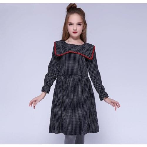 Kseniya Kids Children Girls Dresses Cotton Full Plaid Petal Sleeve Sailor Collar Fashion Girl Dress European And American Style