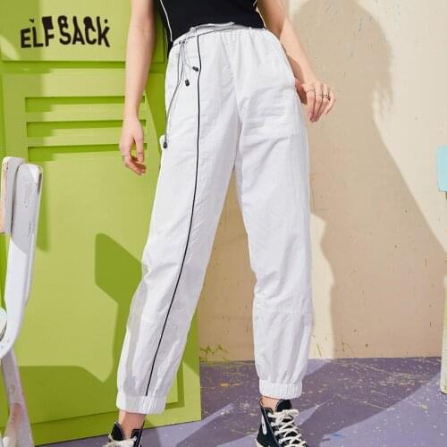 ELFSACK Solid Pure High Waist Straight Casual Women Harem Trouser,2021 Summer Chic Pocket Korean Ladies Basic Daily Satin Bottom