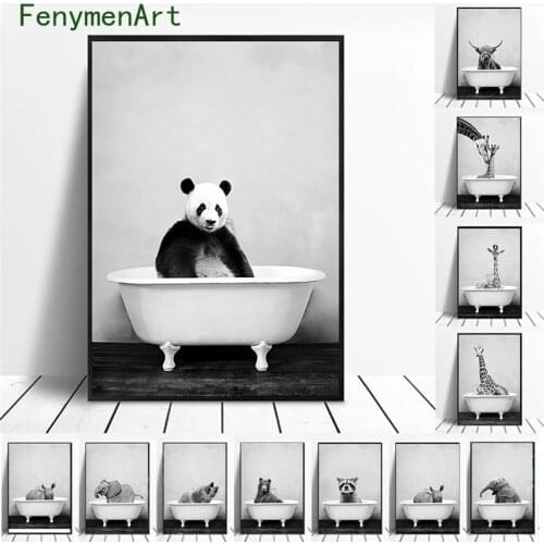 Nordic black white animal canvas painting giraffe elephant bear poster print Modern wall art picture bathroom toilet Home decor