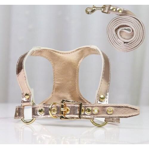 Bright PU Leather Dog Harness and Leash Set Luxury Designer Dog Accessories for Small Dogs Puppy Collar Chihuahua Harness Vest