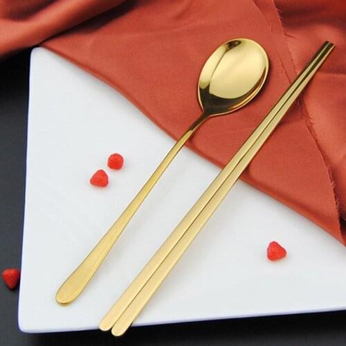 Korean Style Stainless Steel Solid Chopsticks Spoon Set Long Handle Non-slip Chopsticks Dishes Spoons Flat Dinnerware Set