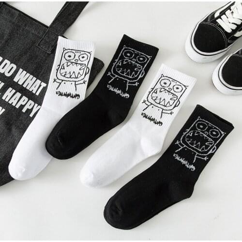 Ins Korean Style Women Socks White Black Cartoon Cotton Printed Funny Novelty Socks Hip Hop Sport Skater Crew Sock chaussettes