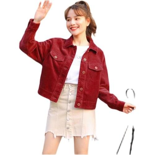 New 2021 Spring Female Outerwear Tops Womens Corduroy Coat Short Korean Single-Breasted Red Casual Spring Autumn Jacket W391