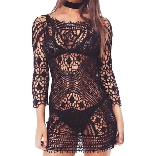 New Sexy Black Knitted Crochet Tunic Beach Cover Up Backless Hollow Out Lace Up Beach Dress Beachwear Swimwear Women One Size