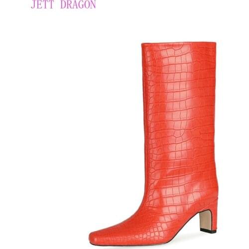 Black Red Autumn Winter Women Boots Retro Square Toe Stone Print Knee High Boots Fashion Slip on Square Low Heel Long Boots Lady