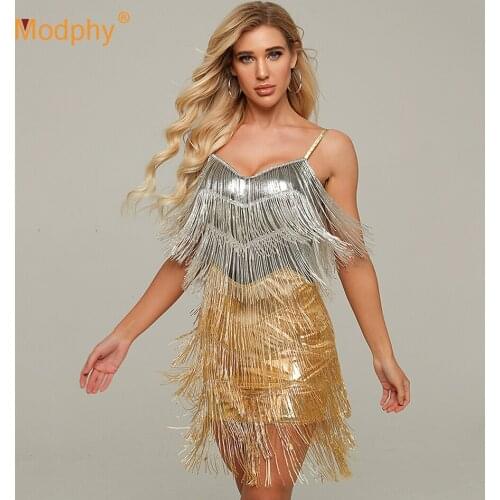 Sexy Spaghetti Stitching Fringed Dress WomenS Beaded Bodycon Mini Club Evening Party Female 2020 Summer New Fashion Vestidos