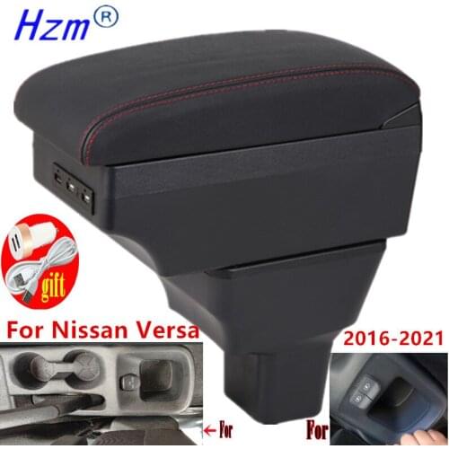 For Nissan Versa Armrest Box Almera 2020 Central Console Storage Box Ashtray Cup Holder PU Leather USB Charging LED