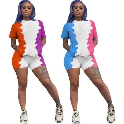 S-2XL casual two piece set women outfit Sports fashion color matching print short sleeved top and shorts Wholesale Dropshipping