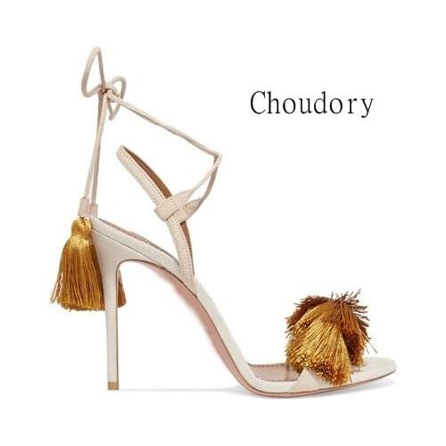 Summer Sandals Women High Heels Fringe Ankle Strap Gladiator Sandals Women Lace Up Shoes Woman Suede Leather Ladies Sandals