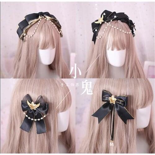 Dark Black Gothic Lolita Lace Trim KC hair pin Pearls Bow Handwork Hair Accessories Headwear Womens Headdress B447