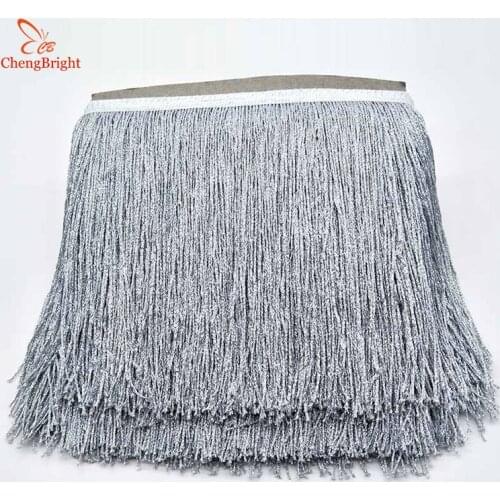 CHENGBRIGHT 100meters 20cm Wide Silver Lace Fringe Trim Tassel Fringe Trimming For Latin Dress Stage Clothes Accessorie Lace