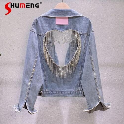 2021 Spring Autumn New Rhinestone Tassel Love Backless Denim Short Jacket European Fashionable Streetwear Women Jeans Coat Top