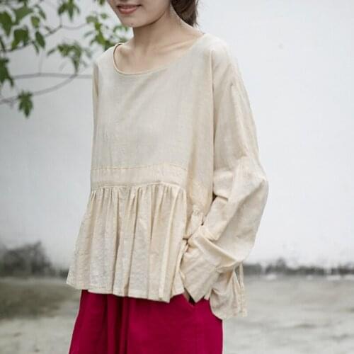 Brief Simple Style Women Spring Cotton Linen Shirts O-Neck Pullover Tops Loose 2021 New Long Sleeve Beige Pleated Casual Blouses