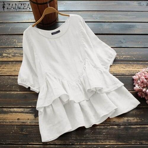 ZANZEA Vintage Summer Short Sleeve Blouse Women Solid Ruffle Tops Female Flounce Blusas Oversize Cotton Tunic Loose Casual Shirt