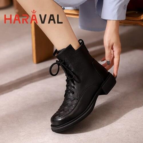 HARAVAL Women Boots Shoes Black Brown Round Toe Lace Up Motorcycle Boots Shoes Martin Cross-Tied Adult Footwear Female E353L