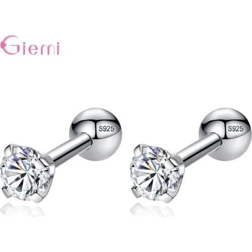 Cute Small Round CZ 925 Sterling Silver Half Ball Screw Stud Earrings For Women Girls Piercing Minimalist Jewelry