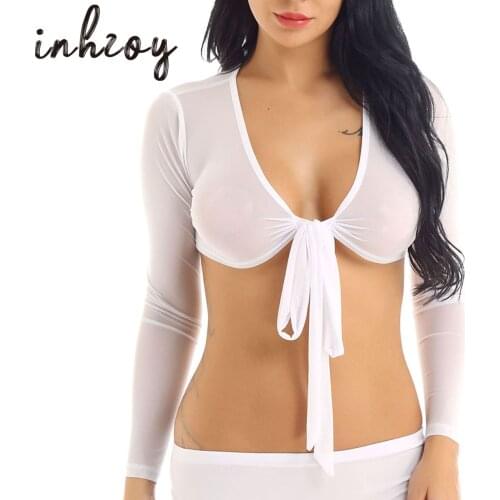 Womens Pole Dance Tops Sexy See Through Sheer Mesh Blouse T-shirt Night Club Dance Clothes